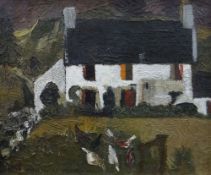 GWILYM PRICHARD oil on board - cottage with trees and front garden, signed & dated 1957 in bottom