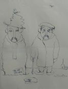 SIR KYFFIN WILLIAMS pen drawing - self-portrait caricature standing alongside a snowman,