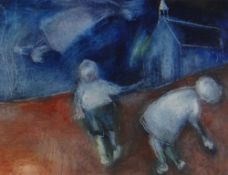 JACQUELINE ALKEMA oil on prepared board - three ghostly figures, one floating above the ground