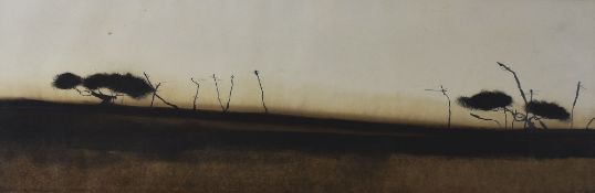ROGER CECIL mixed media - wide expanse of countryside with skeletal trees, signed in full, 24 x