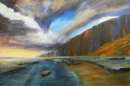 ROGER MORGAN acrylic on canvas - Nash Point, Glamorgan coastline, signed, 61 x 91cms
