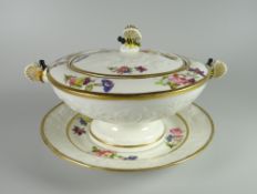 A FINE SWANSEA PORCELAIN BEE-HANDLED TUREEN, COVER & STAND, circa 1818-20, the tureen with floral
