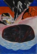 ROBERT ALWYN HUGHES watercolour and mixed media - black dog asleep in basket, entitled verso 'Red