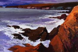 DONALD MCINTYRE acrylic - dramatic coastline, entitled verso 'Sunlight on the Cliffs No.1337',