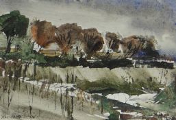 JOHN KNAPP FISHER watercolour - landscape with trees, signed, 11.5 x 16.5cms