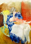 ERIC MALTHOUSE watercolour & pencil - figure in rocking chair nursing a baby, signed, 35 x 25cms