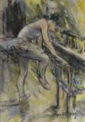 VALERIE GANZ mixed media - ballet dancer preparing, entitled verso 'The Dressing Room', signed, 27 x