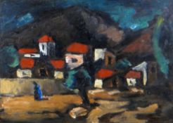 JOSEF HERMAN oil on canvas - village with single figure, 25 x 34cms