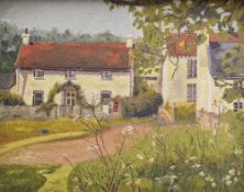 J B TREATT oil on board - white washed cottages on country lane, entitled verso 'Cottages -