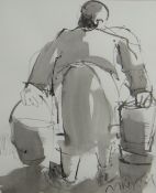 MIKE JONES inkwash - standing figure with a bucket in each hand, entitled verso 'Carrying Coal',