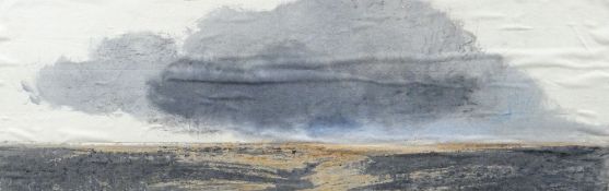 ROGER CECIL mixed media on paper laid to board - barren landscape with large grey cloud, signed
