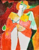 EWART JOHNS oil on board - entitled verso 'Figure Crossed with Red Patterns', signed and dated 1992,