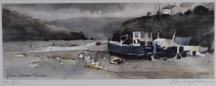 JOHN KNAPP FISHER limited edition (180/500) print - moored fishing boats in estuary at low tide with