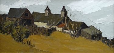 TOM GERRARD oil on board - farmstead with trees, entitled verso 'Bodafon', 35 x 72cms