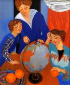 CLAUDIA WILLIAMS oil on canvas - mother with young children studying a globe with bowl of oranges on