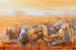 RICHARD O'CONNELL mixed media & wash on canvas - surrealism with nudes, harlequin figure and sea-
