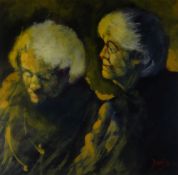 JON DAVIES acrylic - study of a lady visiting her elderly mother as she sleeps, entitled 'The