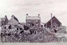 SIR KYFFIN WILLIAMS RA limited edition (74/200) print - upland village with chapel, signed, 40 x