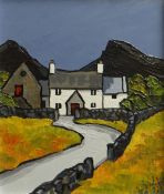 DAVID BARNES oil on board - white washed hillside cottage, signed in full verso, 28.5 x 23.5cms