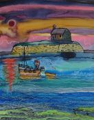 DORIAN SPENCER DAVIES mixed media - humorous & colourful seascape depicting St Cwyfan's Church,