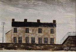 JACK JONES oil on board - terraced houses flanked by railings and telegraph pole, entitled verso '