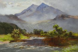 ALFRED OLIVER goauche - Snowdonia with river and peaks, signed, 17 x 25cms