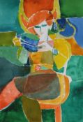 EWART JOHNS watercolour - seated female drinking from a cup, signed with initials, 33 x23cms