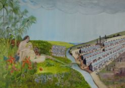 ELIZABETH HOPKIN (1919-2015) watercolour - naïve-school narrative with two nudes amongst exotic