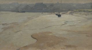 GYRTH RUSSELL oil on canvas - Cardiff docks scene, entitled verso 'Estuary of the Taff, Below