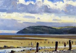 EDWIN (ED) FORREST oil on board - sunny Llandudno beach with figures, signed & entitled verso, 'From