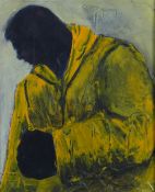 JAMES DONOVAN oil on board - figure wearing yellow industrial worker's coat, signed verso, 17 x
