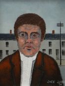 JACK JONES oil on board - head and shoulders portrait in neck-scarf (possibly self-portrait) with