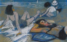 CLAUDIA WILLIAMS pastel & gouache - four figures on a beach, signed with initials & with original