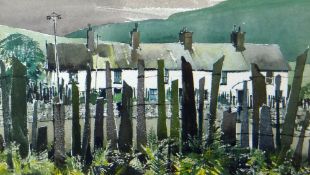 EDDIE SCOTT JONES RCA watercolour - North Wales quarry terrace with slate fence, signed, 16 x 28.