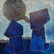 CERI PRITCHARD acrylic on canvas - blue abstract, entitled verso 'Tectonica', signed with initials &