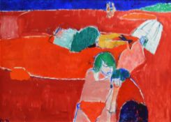 EWART JOHNS oil on canvas - figures and parasol, entitled verso 'Red Beach', signed and dated