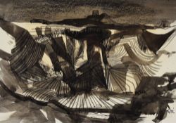 KAREL LEK inkwash - industrial landscape of 'Parys Mountain' near Amlwch, Anglesey, signed, 24 x