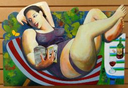 PAUL REES FRSA acrylic and cut-out board - figure relaxing and reading on a deck-chair with a