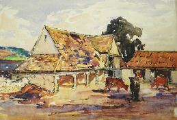 WILL EVANS watercolour - farmyard with standing cows, circa 1950s, 38 x 57cms
