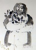 MIKE JONES inkwash - figure of a lady in apron holding flowers, signed, 26 x 19cms