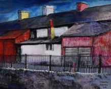 OGWYN DAVIES acrylic - backs of terraced houses, entitled verso 'Dol-Dre Tregaron', signed and dated