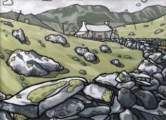 ALAN WILLIAMS acrylic on canvas - upland Snowdonia with dry-stone wall and cottage, entitled '