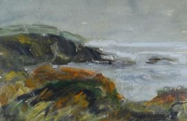 GWILYM PRICHARD mixed media - coastal cliffs in rough seas, signed, 35.5 x 54cms