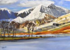 ROGER MORGAN acrylic on canvas - lake below Snowdon, signed, 59 x 79cms