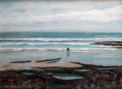 ROGER MORGAN acrylic on board - figures walking on beach, entitled 'Porthcawl', signed, 44 x 59cms