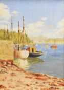 G WARREN WILLIAMS oil on board - boats tied up at quayside & moored in estuary, with plaque to frame
