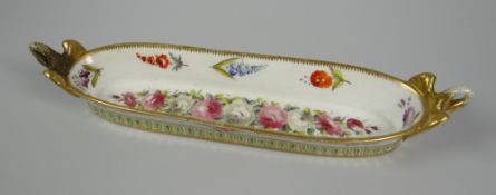 A RARE SWANSEA PORCELAIN PEN TRAY having twin swan-form handles, exterior decorated with three