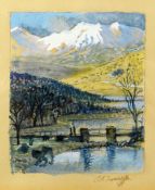CHARLES FREDERICK TUNNICLIFFE watercolour miniature - Dyffryn Mymbyr & The Snowdon Horseshoe, old