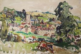 WILL EVANS watercolour - sunny village panorama with church standing cow in the foreground, circa