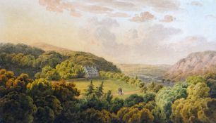 THOMAS HORNOR watercolour - fine view of Neath valley and woodland with figures and Rheola House